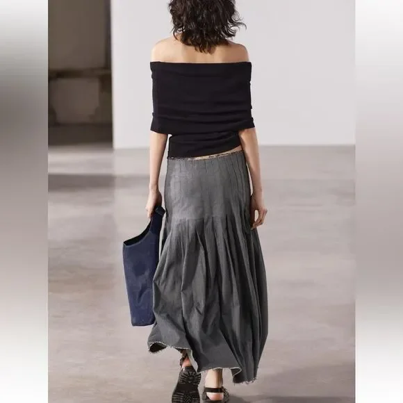 ZARA BNWT 2024. BLUE GREY PLEATED MIDI LONG SKIRT Skirts